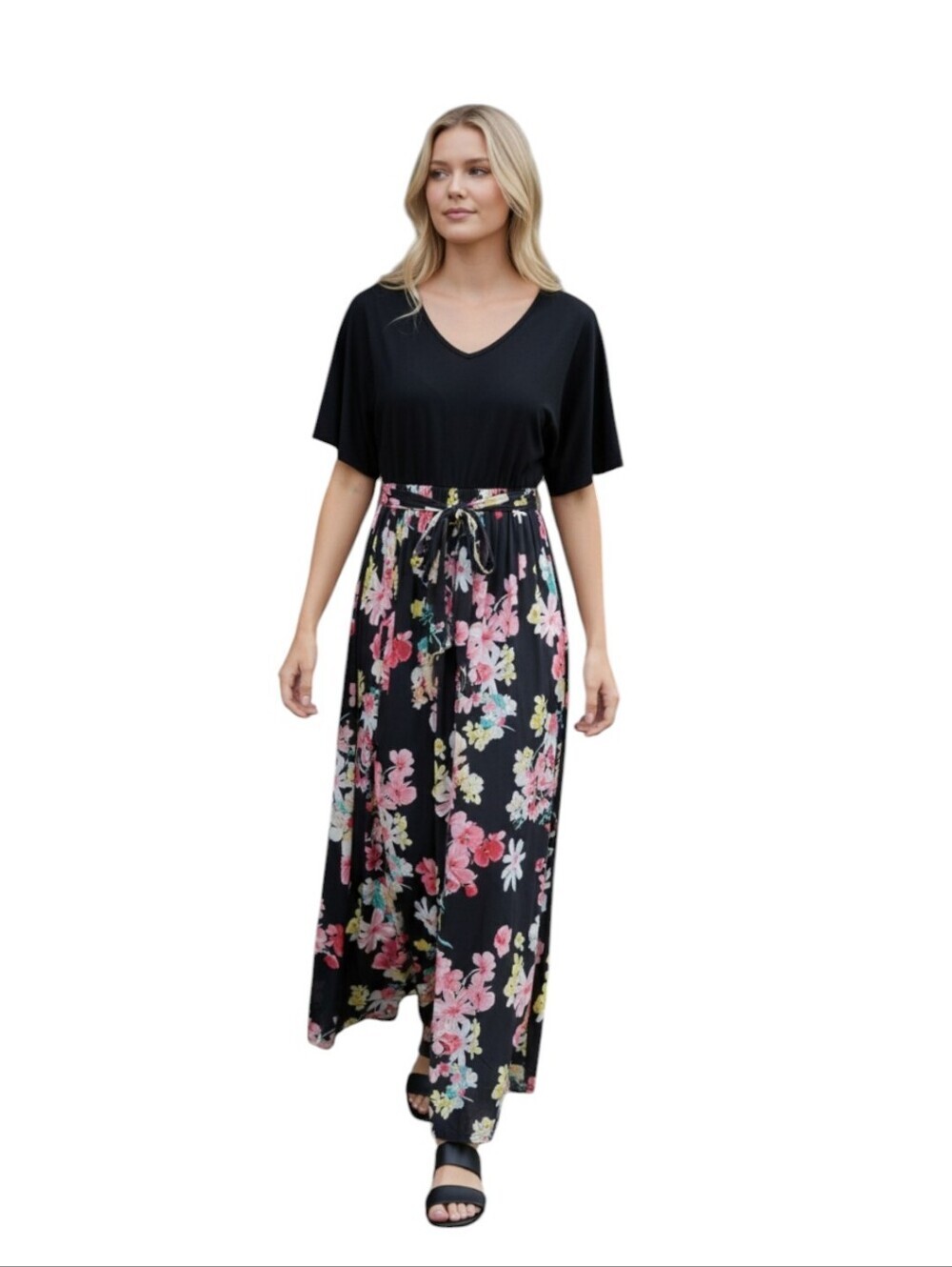Cato Black Maxi Dress with Pink Floral Skirt